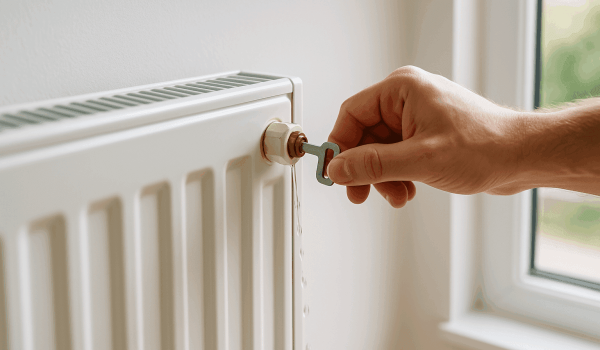 main tenant une clé de purge libérant de l’eau d’un radiateur blanc moderne dans un intérieur lumineux — purger radiateur
