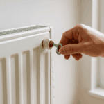 main tenant une clé de purge libérant de l’eau d’un radiateur blanc moderne dans un intérieur lumineux — purger radiateur