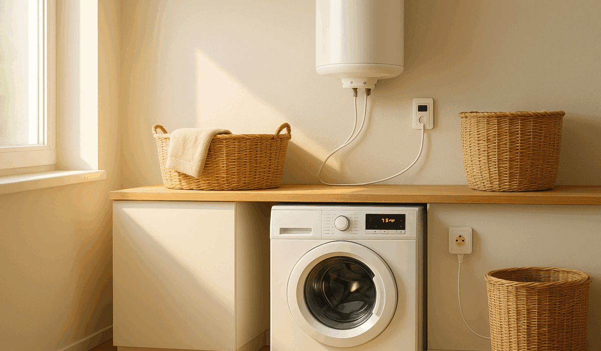 buanderie moderne baignée de lumière naturelle avec machine à laver en marche et chauffe-eau mural, symbolisant les économies d’énergie grâce aux heures creuses