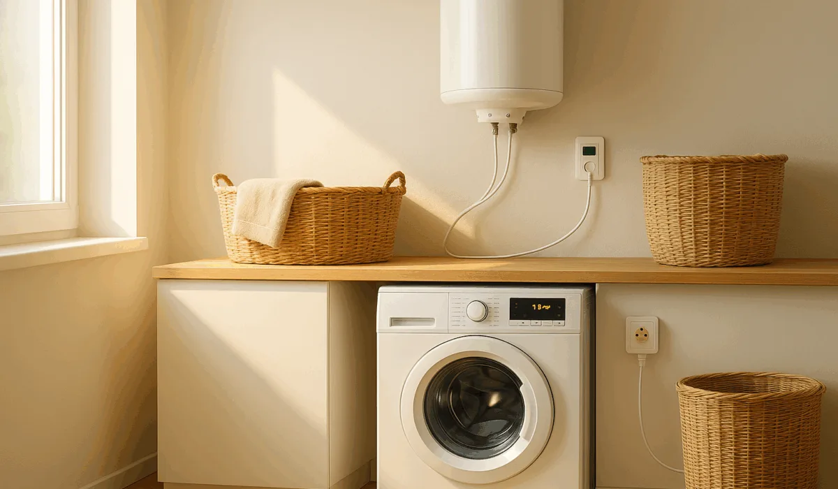 buanderie moderne baignée de lumière naturelle avec machine à laver en marche et chauffe-eau mural, symbolisant les économies d’énergie grâce aux heures creuses